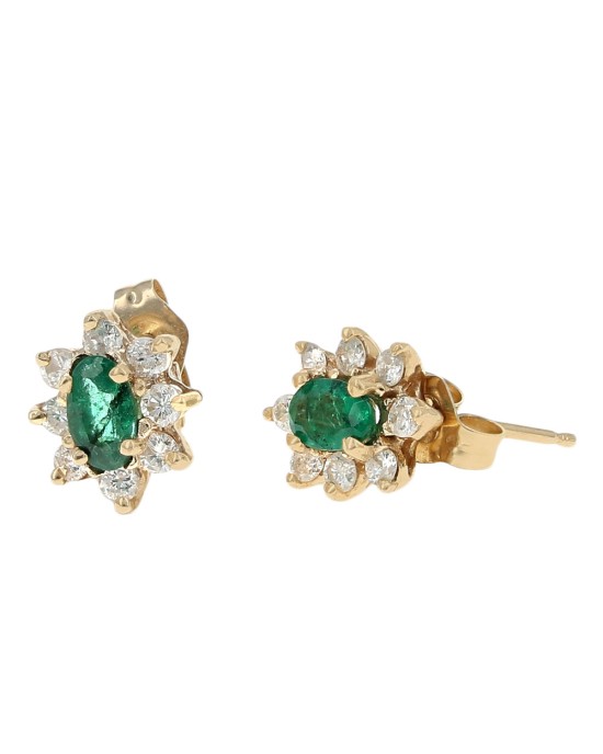 Emerald and Diamond Halo Stud Earrings in Yellow Gold